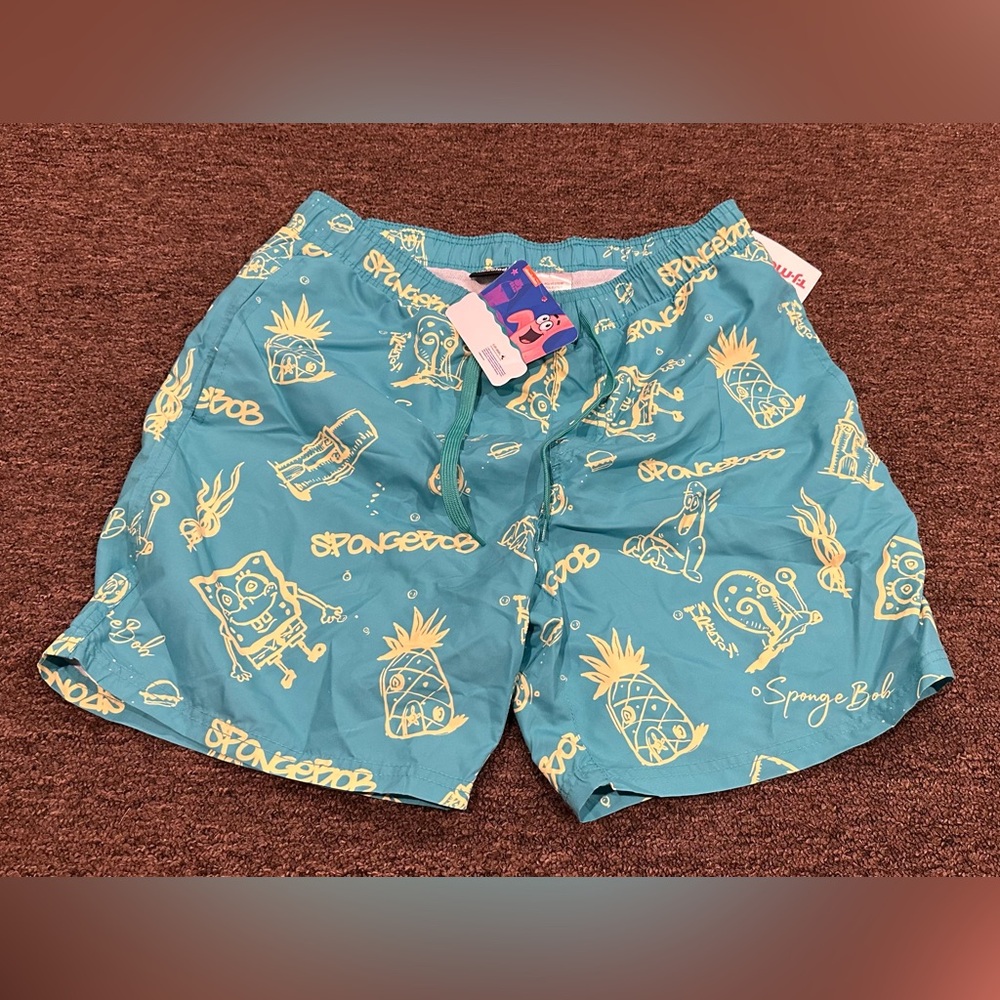 NEW Nickelodeon SpongeBob Men's L Blue Yellow Board Shorts Tropical Swim bottoms
